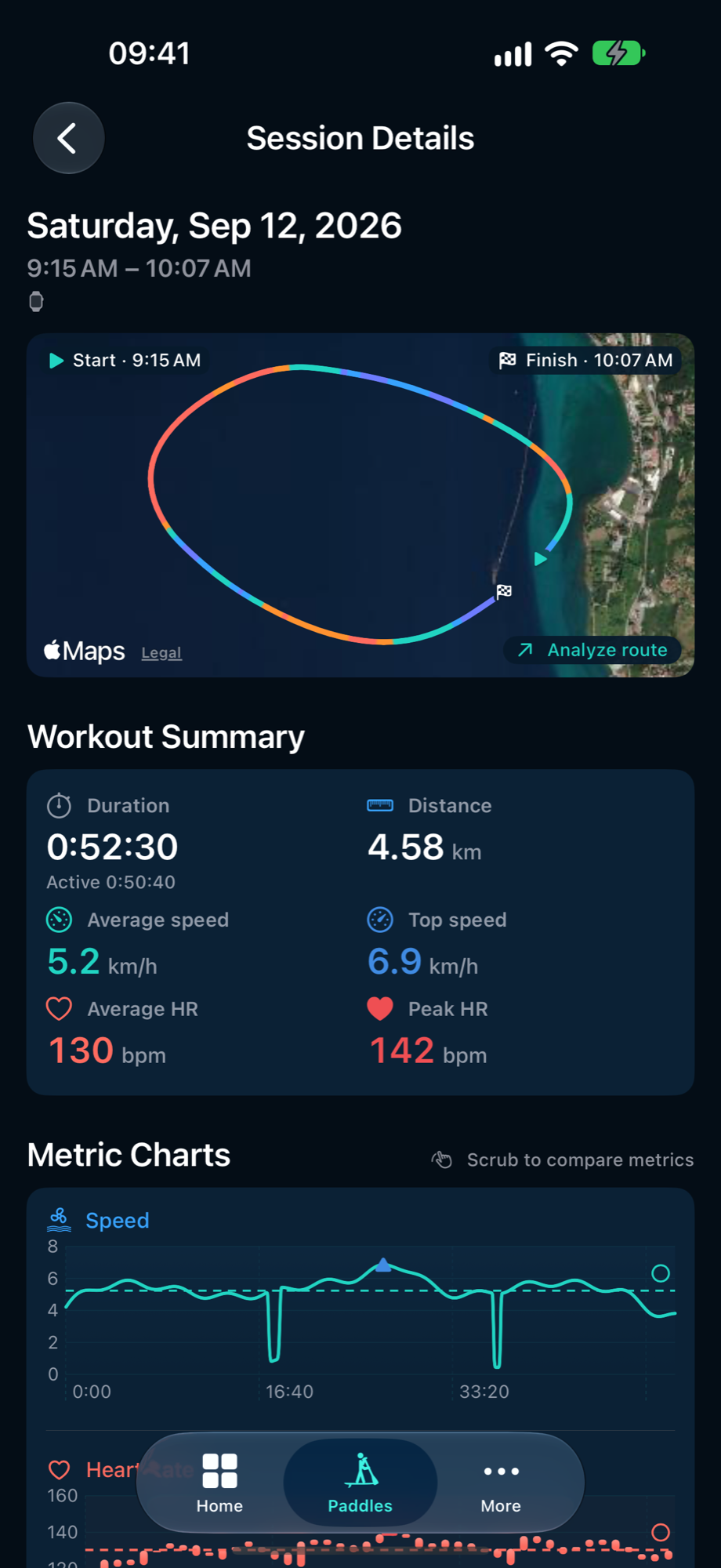 PaddleForm Session Details showing the demonstration paddle’s route and workout summary.