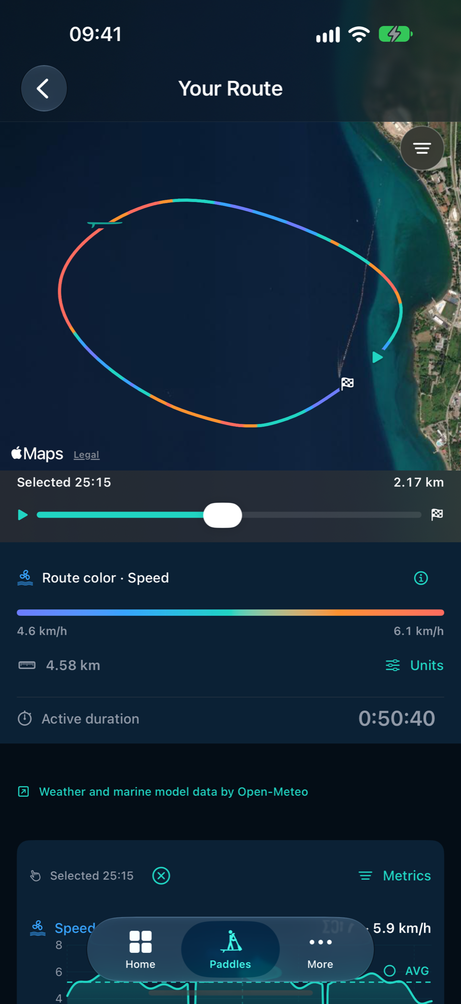PaddleForm Route Analysis showing the demonstration route and its metric timeline.