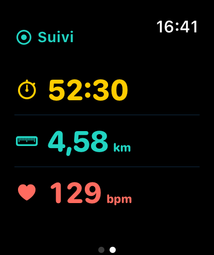 PaddleForm sur Apple Watch affichant la durée, la distance et la fréquence cardiaque pendant la sortie de démonstration.