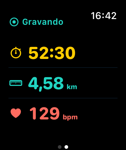 PaddleForm no Apple Watch com duração, distância e frequência cardíaca durante a remada de demonstração.